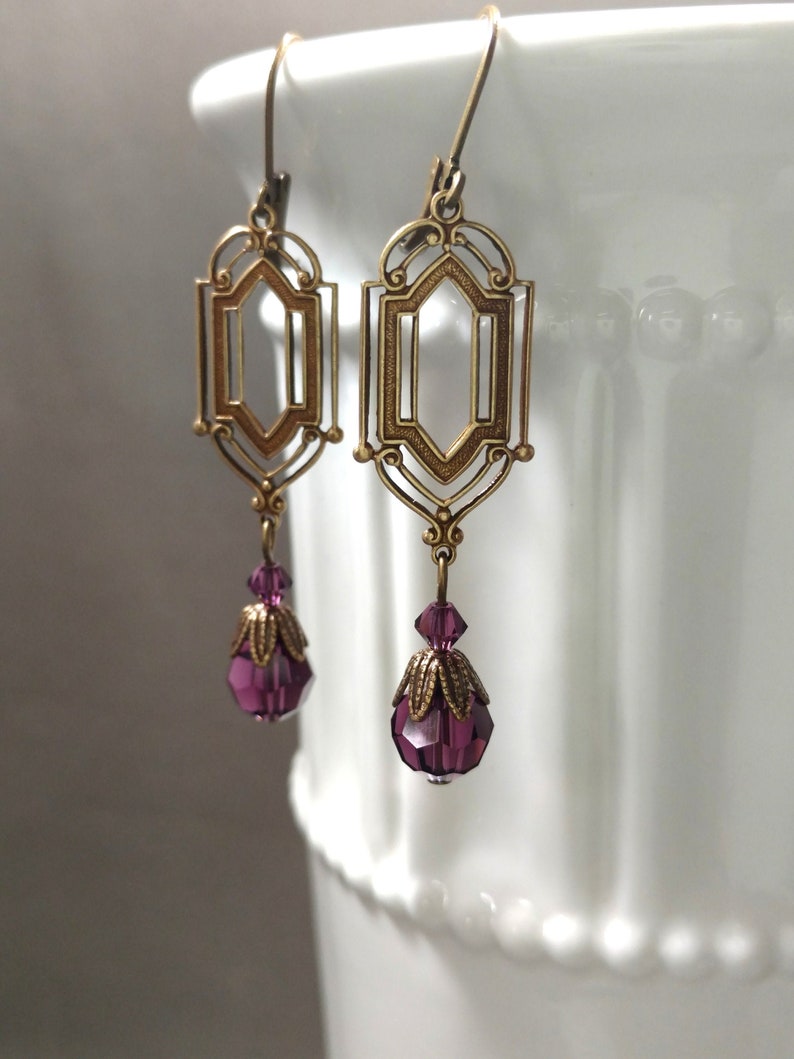 Purple Crystal Earrings 1920s Art Deco Jewelry Purple Bridal Earrings Flapper Jewelry 1920s Vintage Style image 4