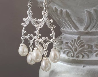 Vintage Style Pearl Chandelier Earrings - Victorian Era Jewelry - Rococo Earrings - 18th Century Jewelry - Regency Reproduction