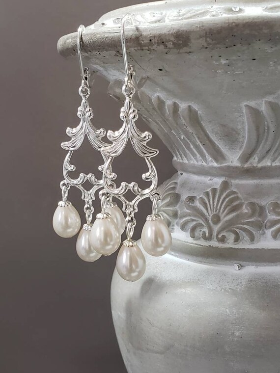 Pearl Chandelier Earrings - Jane Austen Jewelry - Rococo Earrings - Reproduction Jewelry - 18th Century - Vintage Style