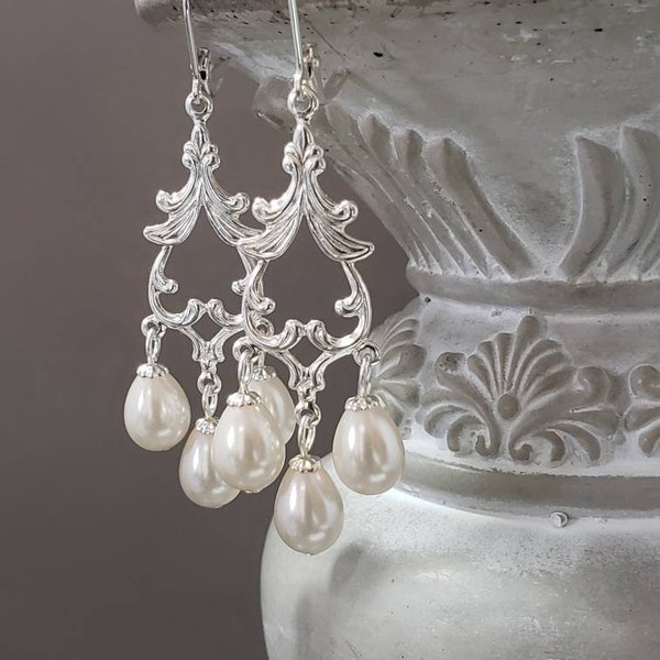 Vintage Style Pearl Chandelier Earrings - Victorian Era Jewelry - Rococo Earrings - 18th Century Jewelry - Regency Reproduction