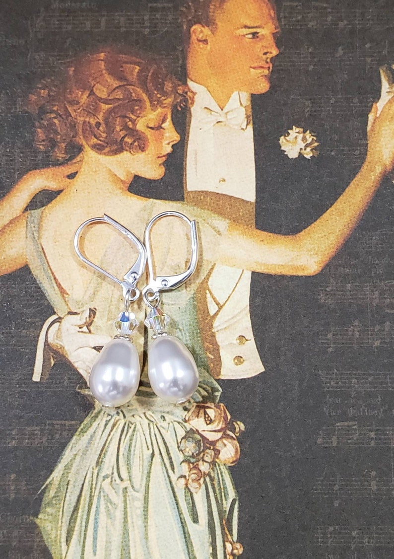 Simple Pearl Drop Earrings Dainty Pearl Earrings Vintage Style Bridal Jewelry 1920s Bride Regency Reproduction image 4