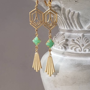 Gold and Green Art Deco Earrings - 1920s Art Deco Jewelry - 1920s Earrings - Flapper Jewelry - Vintage Style