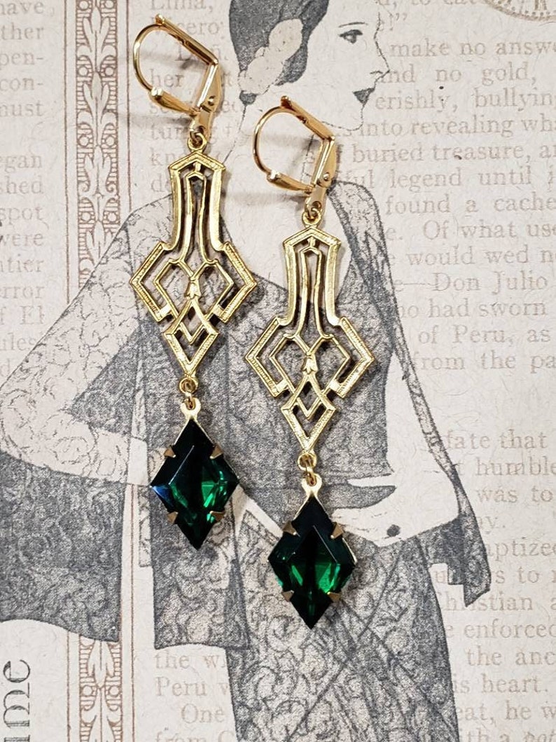 Emerald Green Art Deco Earrings 1920s Art Deco Jewelry 1920s Earrings Vintage Inspired Jewelry Great Gatsby Wedding image 1