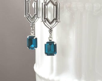 Blue Rhinestone Art Deco Earrings - Art Deco Jewelry - 1920s Flapper Earrings - Edwardian Earrings - Edwardian Jewelry - Vintage Style