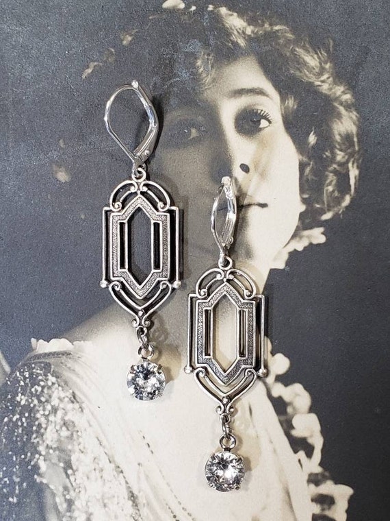 Silver Crystal Flapper Earrings - 1920s Art Deco Jewelry - Great Gatsby Wedding - 1920s Earrings - Edwardian Style Jewelry