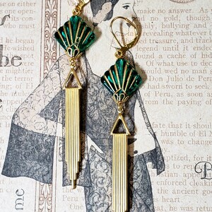 Green Fan Art Deco Earrings 1920s Art Deco Jewelry Flapper Earrings Vintage Style Jewelry 1920s Bride imagem 5