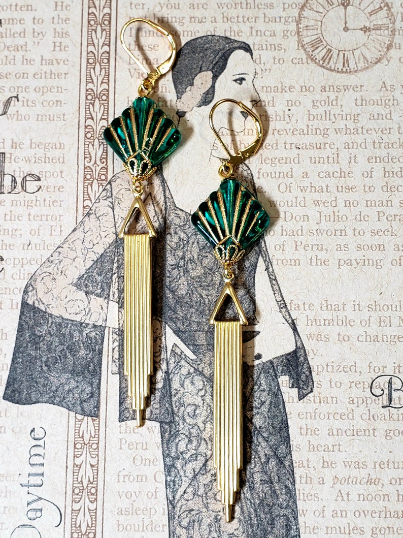 Green Fan Art Deco Earrings 1920s Art Deco Jewelry Flapper Earrings Vintage Style Jewelry 1920s Bride imagem 5