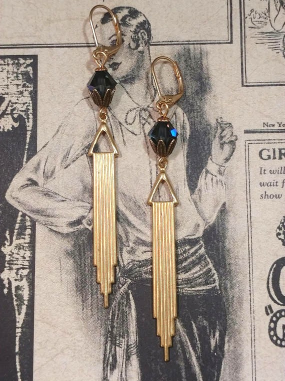 Dark Blue Art Deco Earrings - 1920s Earrings - 1920s Art Deco Jewelry - Great Gatsby Wedding - 1930s Jewelry - Vintage Style