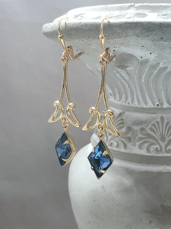 Blue and Gold Art Deco Earrings - 1920s Art Deco Jewelry - 1920s Earrings - Flapper Jewelry - Vintage Style