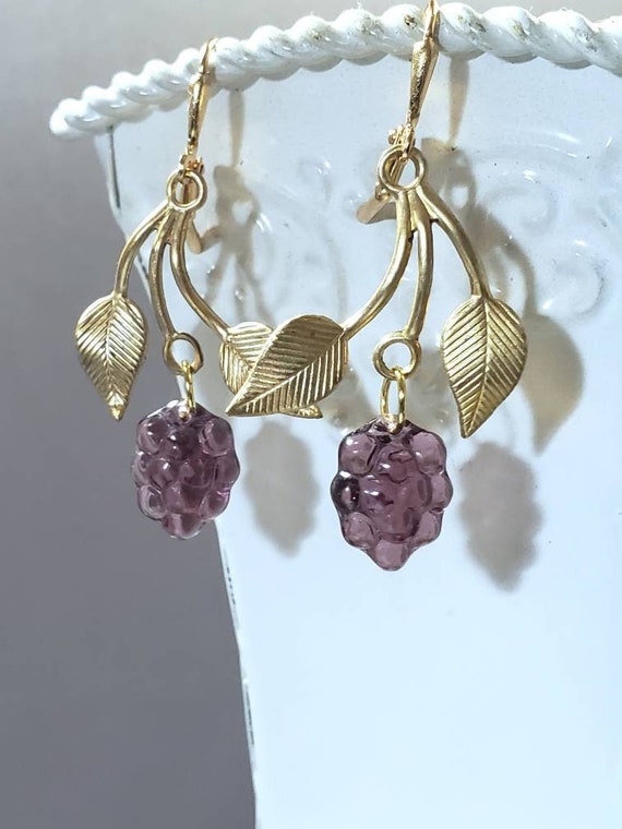 Purple Edwardian Earrings - Grape Cluster Jewelry - Assemblage Earrings - Art Nouveau Style Jewelry - Alfons Mucha - Vintage Style