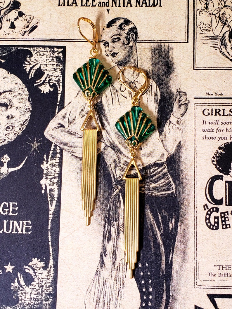 Green Fan Art Deco Earrings 1920s Art Deco Jewelry Flapper Earrings Vintage Style Jewelry 1920s Bride imagem 7