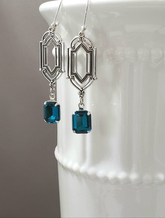 Blue Rhinestone Art Deco Earrings - Art Deco Jewelry - 1920s Flapper Earrings - Edwardian Earrings - Edwardian Jewelry - Vintage Style
