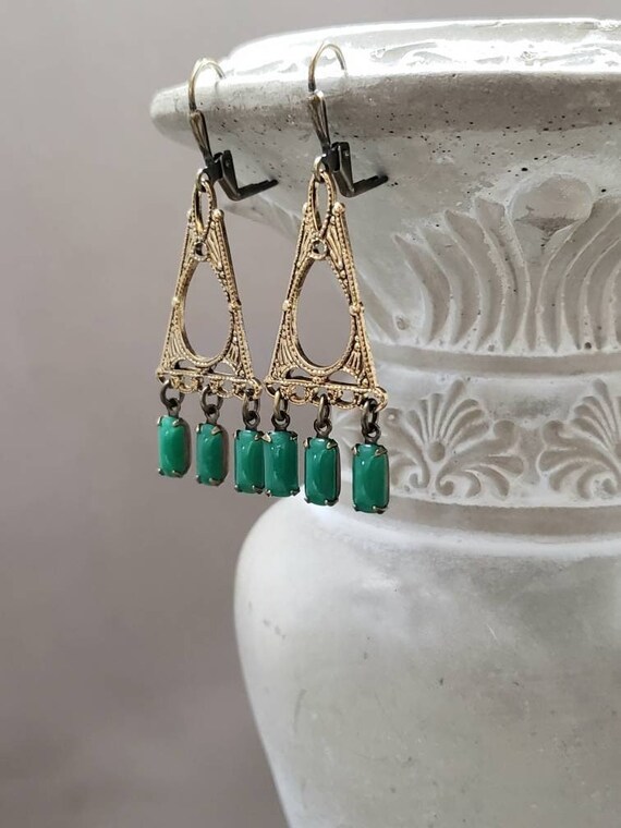 Jade Green Art Deco Earrings - 1920s Art Deco Jewelry - Flapper Earrings - Edwardian Style Jewelry - Vintage Inspired