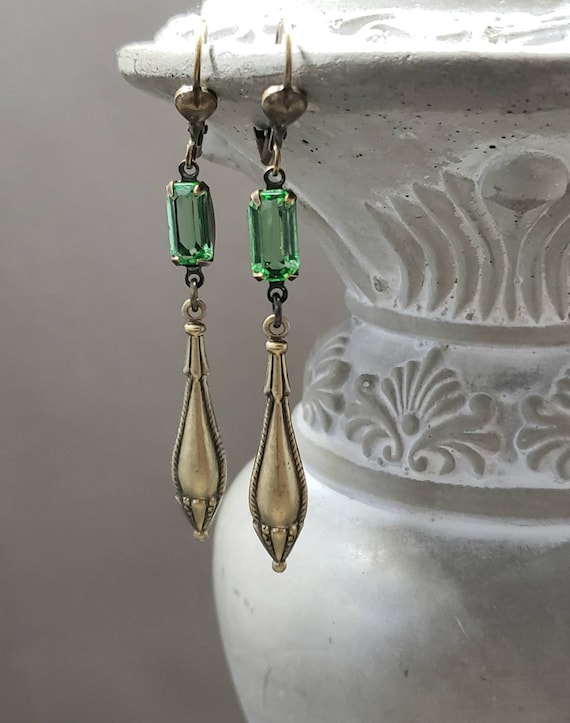 Peridot Green Art Deco Earrings - 1920s Art Deco Jewelry - 1920s Earrings - Edwardian Style Jewelry - Vintage Style