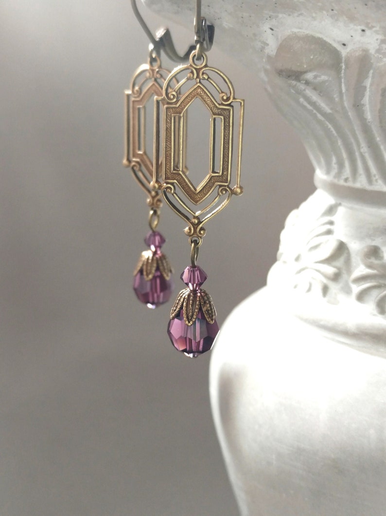 Purple Crystal Earrings 1920s Art Deco Jewelry Purple Bridal Earrings Flapper Jewelry 1920s Vintage Style image 8