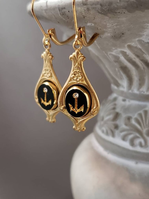 Edwardian Anchor Drop Earrings - Victorian Mourning Jewelry - Edwardian Style Earrings - Gilded Age - Jane Austen Jewelry