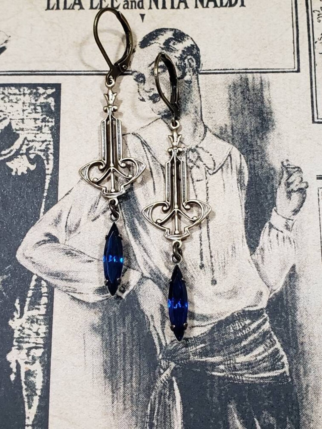 Art Deco Hand Painted Blue Mini Navette Earrings main image 0