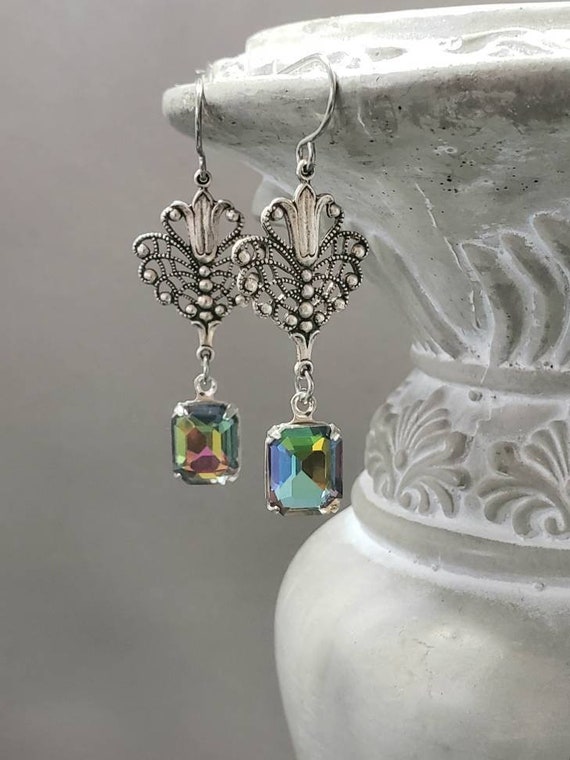 Art Nouveau Drop Earrings - Edwardian Style Jewelry - Peacock Crystal Earrings - Art Nouveau Silver Jewelry - Alfons Mucha