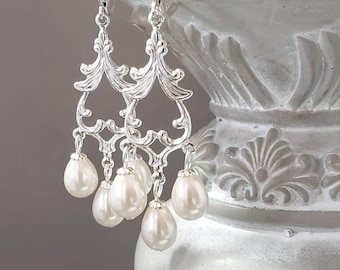 Vintage Style Pearl Chandelier Earrings - Victorian Era Jewelry - Rococo Earrings - 18th Century Jewelry - Regency Reproduction