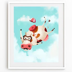 Skydiving Cow Print – Kid&#39;s Art Print, Children&#39;s Room, Funny Print, Wall Art for Kids, Kids Illustration, Art, Playroom Art, Animals