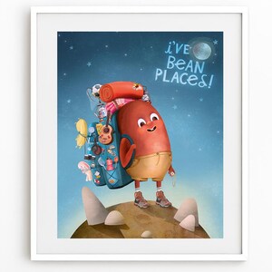 Traveling Bean Kid&#39;s Art Print, Children&#39;s Room Fun Print, Wall Art for Kids, Kids Illustration, Travel Art, Playroom Art, Veggie Art