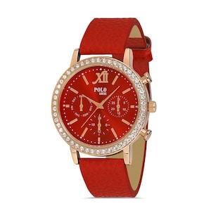 30mm Elegant Wristwatch with Zircon Stone Encircled Dial, Women's Watch with Faux Leather Strap – Red, Navy Blue, Brown, Black Colors