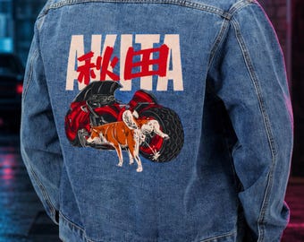 Cyberpunk Akita Jeansjacke, Japanische Streetwear Bikerjacke, Jeansjacke im Retro Anime-Stil, Neon Tokyo Dog Graphic Coat
