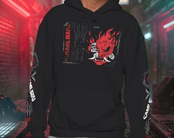 Cyberpunk Oni Mask Samurai Hoodie | Gildan 18500 Heavy Blend | Streetwear Gaming Style