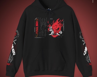 Cyberpunk Oni Mask Samurai Hoodie | Gildan 18500 Heavy Blend | Streetwear Gaming Style