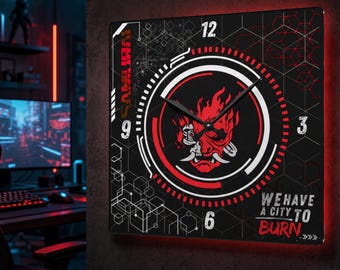 Cyberpunk Oni Mask Acrylic Wall Clock | Neon Tech Gaming Room Decor | Futuristic Square Wall Art | Silent Non Ticking Clock, Gamer Gift Idea