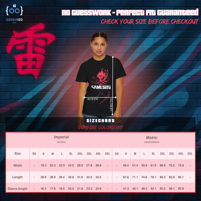 May include: Black t-shirt featuring a red and pink graphic of a samurai with the word "SAMURAI" below. The shirt includes a size chart with measurements in inches. The text "NO GUESSWORK - PERFECT FIT GUARANTEED" is at the top.