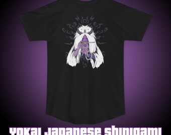 Yokai Japanese Shinigami, Unisex Long Body Tee, Purple Demon Streetwear T-Shirt, Bella Canvas 3006 Anime Graphic Back Print