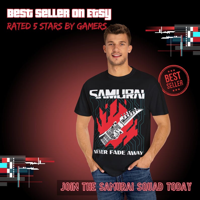 Cyberpunk 2077: Samurai Never Fade Away Graphic T-Shirt | Comfort Colors 1717 Vintage Fit image 8