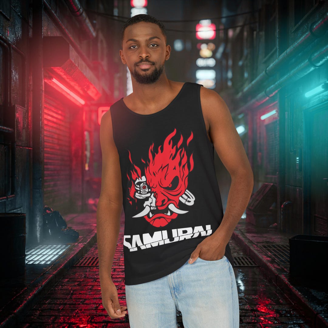 Cyberpunk Tank Top, Samurai Graphic Muscle Shirt, Streetwear