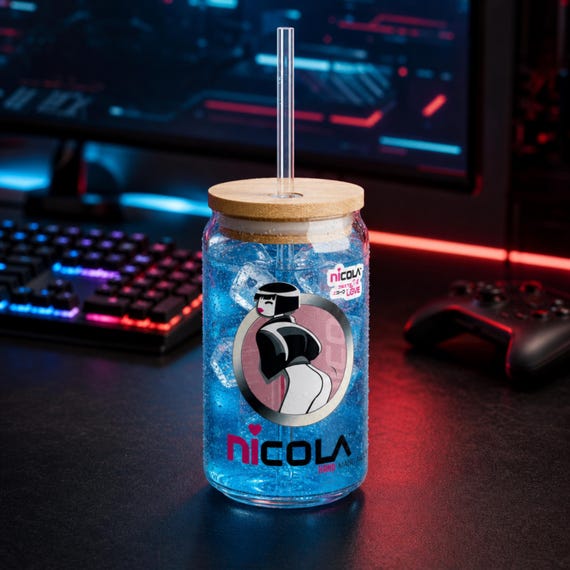 Nicola Cyberpunk Glass Cup, 16oz Iced Coffee Tumbler, Retro