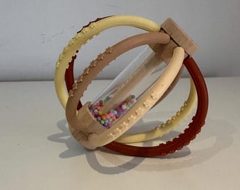 Baby Rattle Toy – Wooden Rain Drum with Silicone Sensory Teether for Newborns