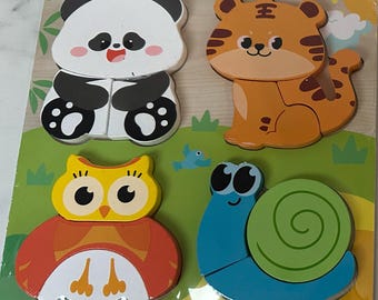 4-in-1 Wooden Animal Puzzle Set | Montessori Early Learning | Jigsaw Cognitive Toy for Toddlers
