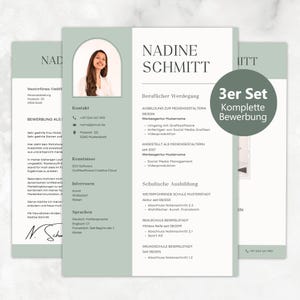 Könnte beinhalten: Ein dreiteiliges Bewerbungsset in Salbeigrün und Weiß mit einem professionellen Porträtfoto in einem Bogenrahmen, Kontaktdaten, beruflichem Werdegang und Ausbildung mit dem Text Nadine Schmitt und 3er Set Komplette Bewerbung.