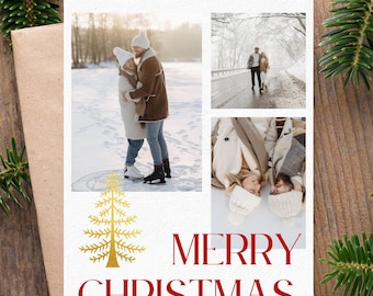Puede incluir: Tarjeta de felicitación navideña con fotos familiares y el texto "MERRY CHRISTMAS" en rojo. La tarjeta presenta un diseño de árbol dorado y el año 2025. Se encuentra sobre una superficie de madera con ramas de pino.