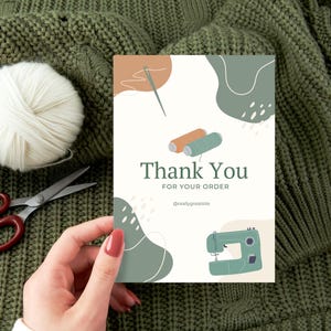 Commandes de cartes de remerciement, encart de colis de carte postale personnalisable, couture et tricot, modèle modifiable Canva, Merci pour la commande