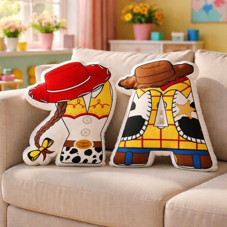 Puede incluir: Dos cojines decorativos con forma de letras "A" y "R". Uno presenta un sombrero rojo y una trenza, el otro un sombrero de vaquero marr&oacute;n y una placa de sheriff. Ambos cojines est&aacute;n sobre un sof&aacute; beige.