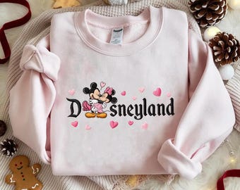 Embroidered Disneyland Mickey Minnie Couple Sweatshirt, Romantic Valentine Disney Crewneck with Hearts, Matching Park Gift for Couples