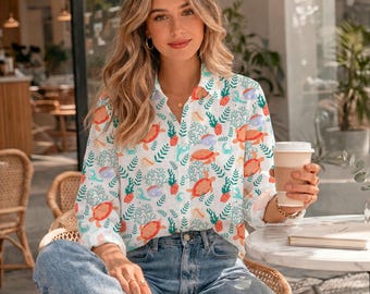 Tropical Coral Reef Turtle Blouse, Women's Casual Linen Sea Turtle Shirt, Summer Casual Top