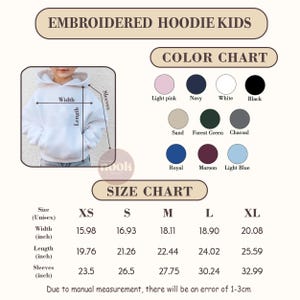 May include: White embroidered hoodie for kids, with a size chart and color options. The color chart includes light pink, navy, white, and black. The size chart shows the width, length, and sleeve measurements in inches for sizes XS to XL.