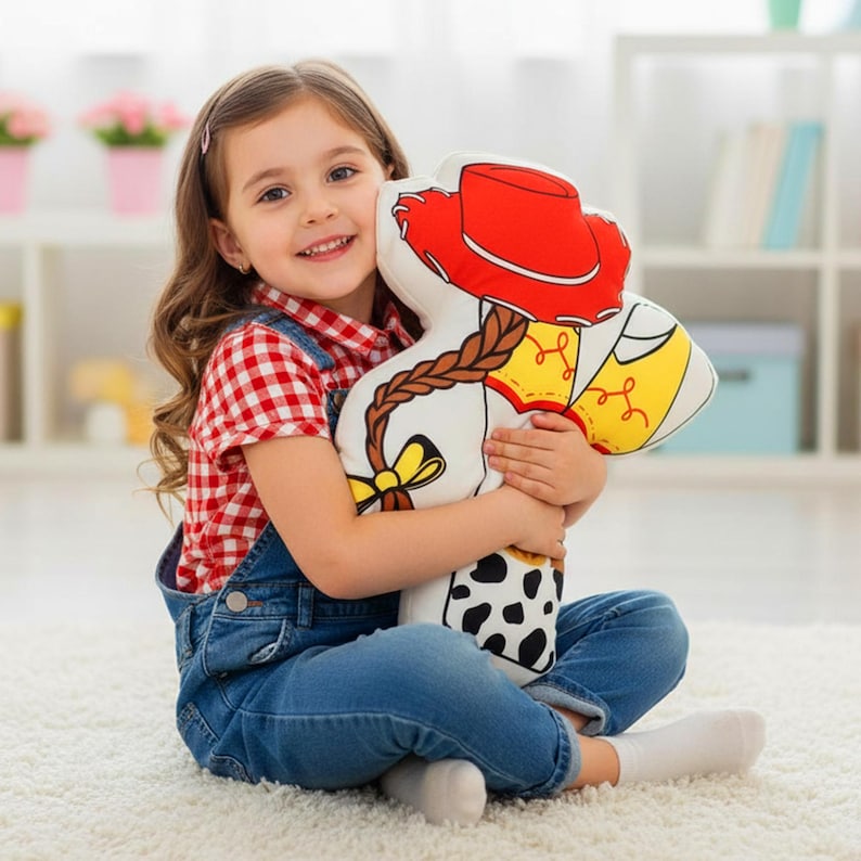 Puede incluir: Una ni&ntilde;a sonr&iacute;e mientras sostiene una almohada de peluche con forma de personaje de dibujos animados. La almohada presenta un sombrero rojo, un peinado trenzado y un dise&ntilde;o de vaca. La ni&ntilde;a lleva una camisa a cuadros rojos y blancos y un peto vaquero.