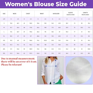 May include: A women's blouse size guide with measurements in inches and centimetres. The guide includes neck, chest, waist, shoulder, sleeve, and length measurements for sizes S to 5XL. A white blouse is shown in the image.