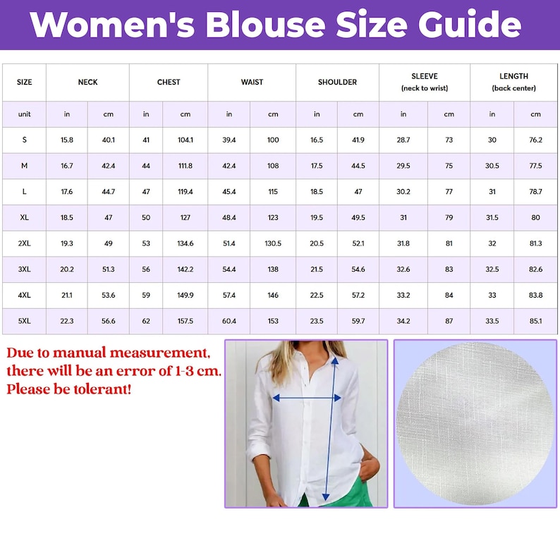 May include: A women's blouse size guide with measurements in inches and centimetres. The guide includes neck, chest, waist, shoulder, sleeve, and length measurements for sizes S to 5XL. A white blouse is shown in the image.