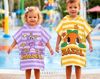 Kids Hooded Beach Towel, Orange Bird Figment Pool Poncho, Childrens Swim Cover-up