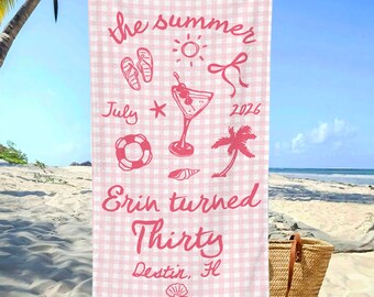 Serviette de plage à rayures personnalisée L'été j'ai eu 30 ans, cadeau 30e anniversaire personnalisé pour elle, fête d'anniversaire d'été