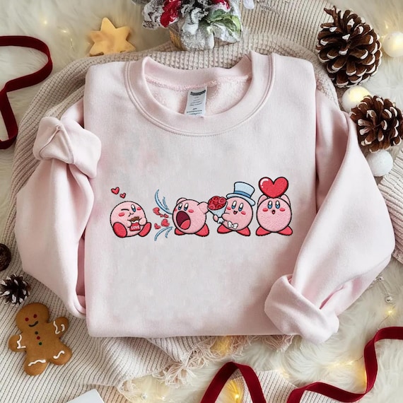 Embroidered Kirby Valentine Sweatshirt Cute Love Sequence Design, Funny Pink Kirby Crewneck, Cozy Valentines Gift for Her or Couples